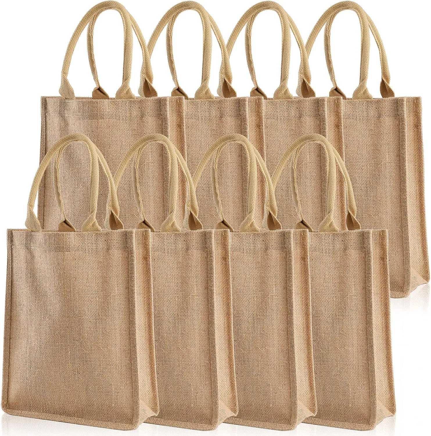 DEAYOU 8 Pack Jute Tote Bags with Handles, Jute Grocery Totes for Bridesmaid, DIY, Shopping, Pool, Wedding, 9.8''x11.8''x3.9''