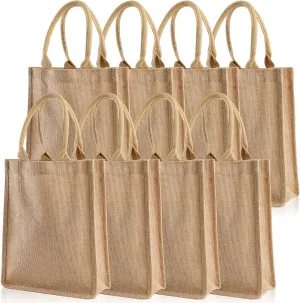 DEAYOU 8 Pack Jute Tote Bags with Handles, Jute Grocery Totes for Bridesmaid, DIY, Shopping, Pool, Wedding, 9.8''x11.8''x3.9''