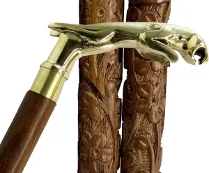 Designer Brass Jaguar Head Handle Walking Stick Antique Style Wooden Cane Designer Brass Golden Head Handle Walking Stick Antique Style Wooden Cane Gift