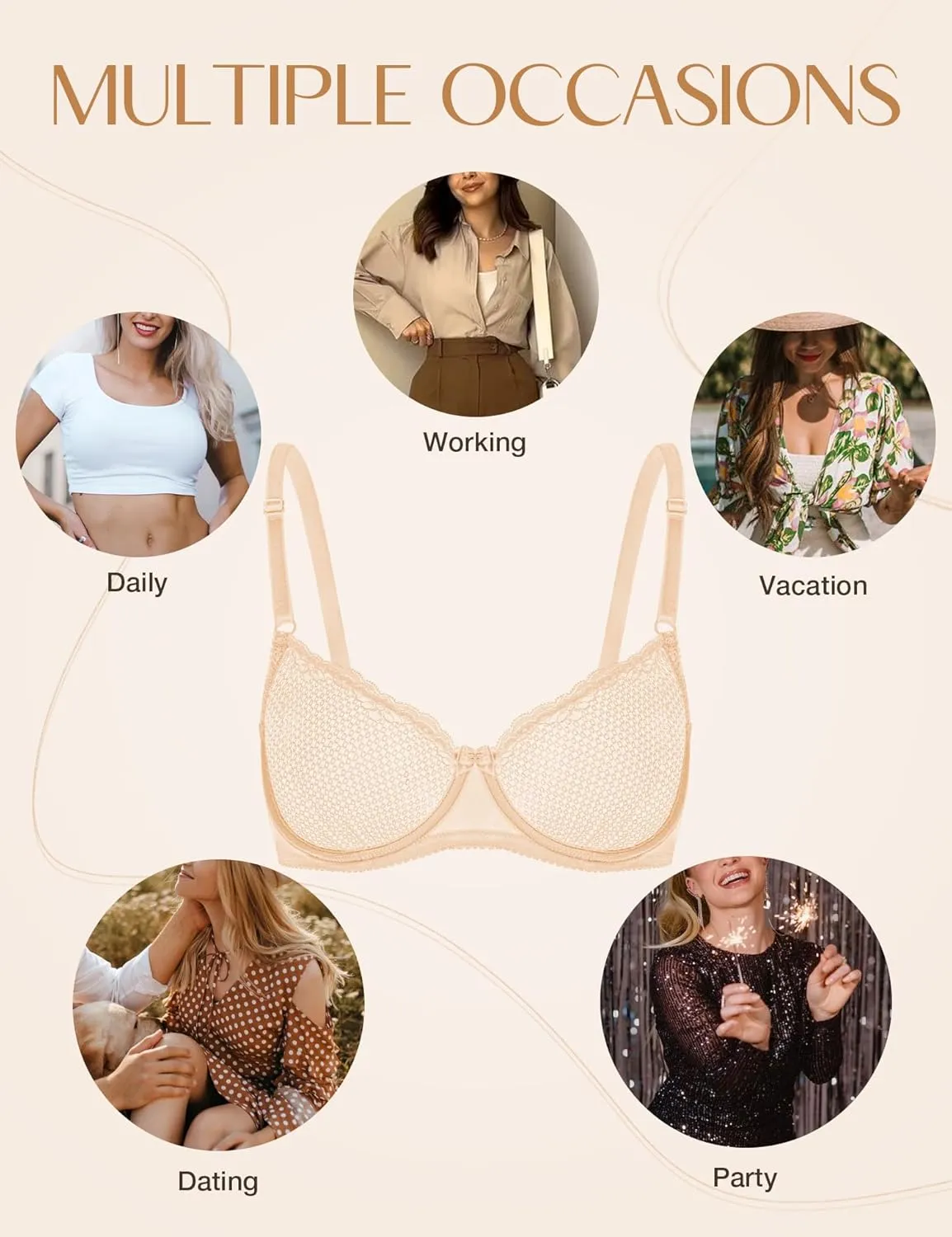 Deyllo Women's Sexy Lace Balconette Bra See Through Demi Unlined Bras Mesh Sheer Underwire