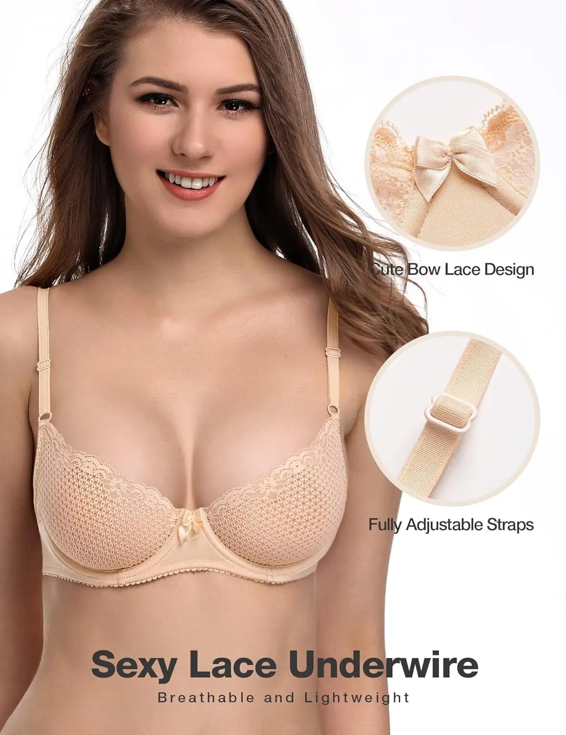 Deyllo Women's Sexy Lace Balconette Bra See Through Demi Unlined Bras Mesh Sheer Underwire