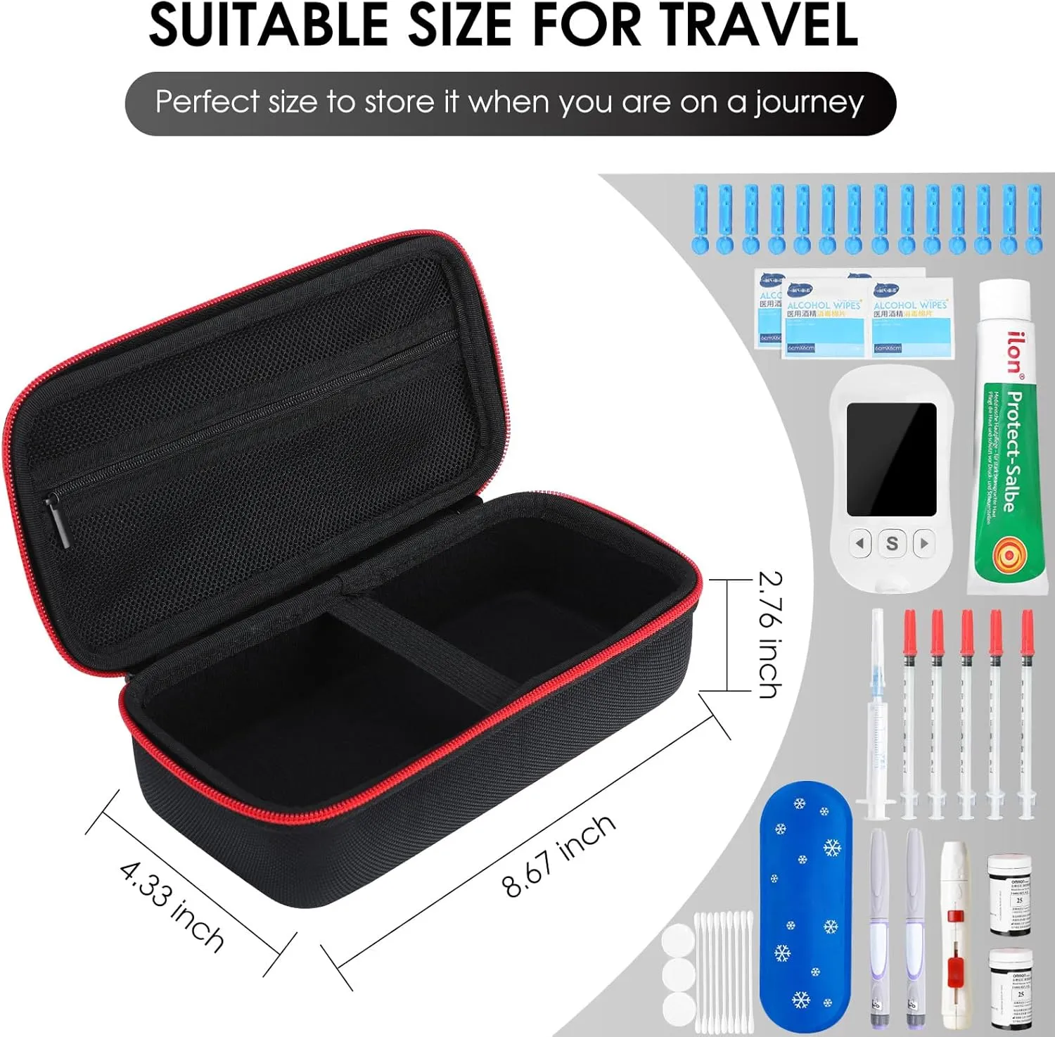 Diabetic Travel Case for Supplies, Portable Diabetes Carrying case for Glucose Monitor, Insulin Pens, Test Strips, and Lancets Diabetic Bags for Supplies (Case Only)