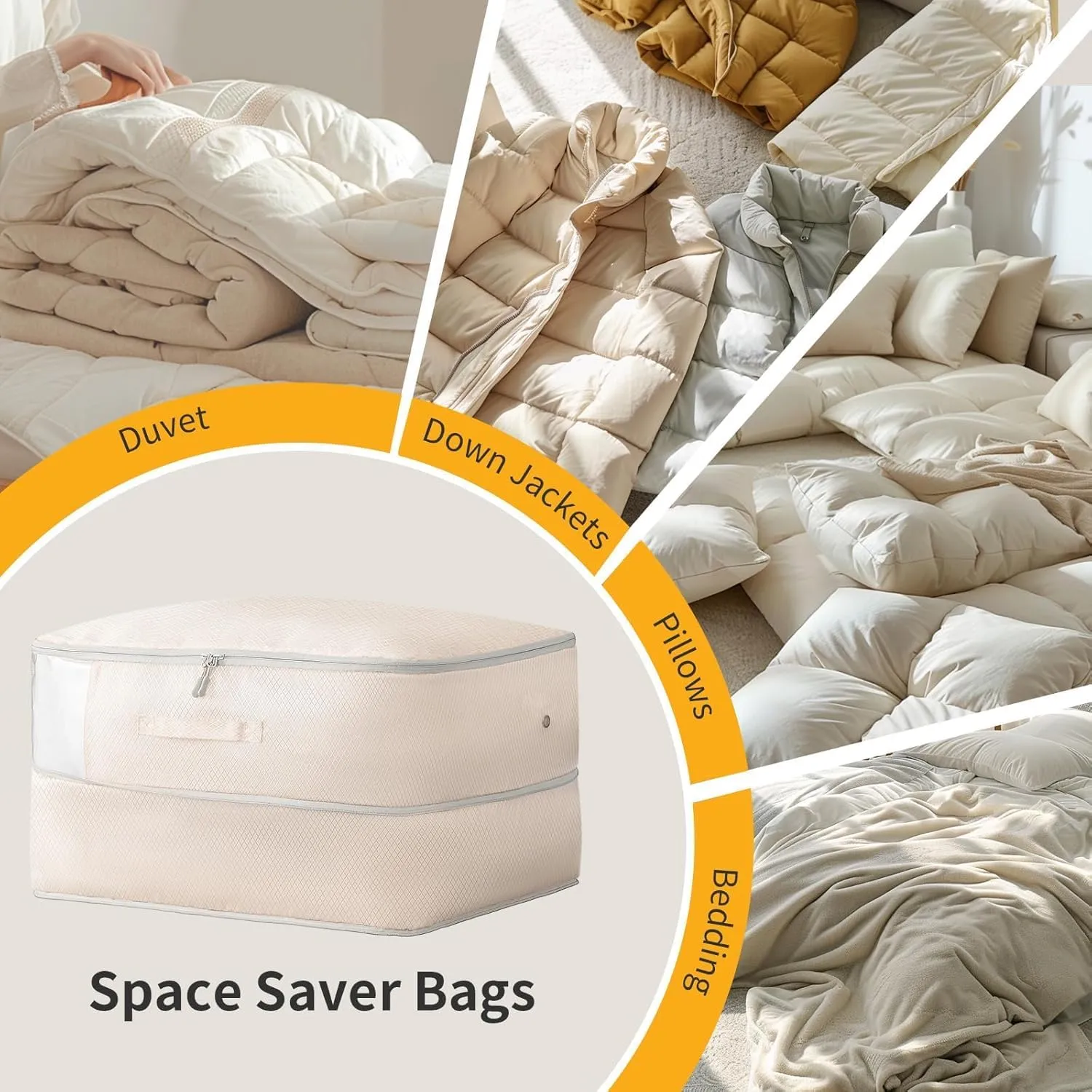 DIMJ Comforter Storage Bag 4 Pack - Blanket Storage Organizer Compression Bags, Large Capacity Ultra Space Saving Self Compression Organize for Bedding, Pillow, Duvet, Sheet Storage with Zipper Window