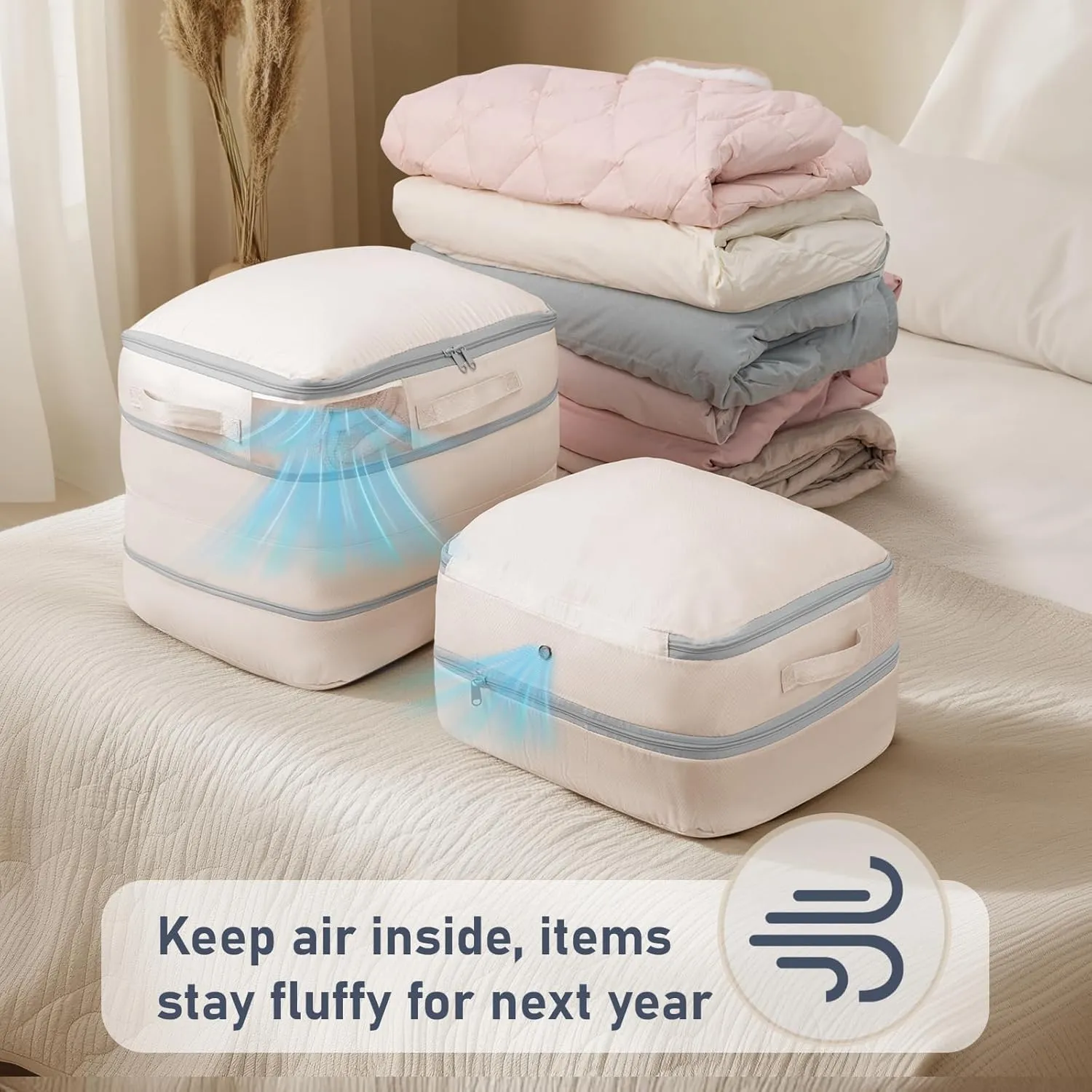 DIMJ Compression Storage Bags 6 Pack - Blanket Storage Bags with Window Zipper, Ultra Space Saving Self Compression Organizer for Puffer Jacket, Bedding, Lightweight Comforter Duvet, Sweater