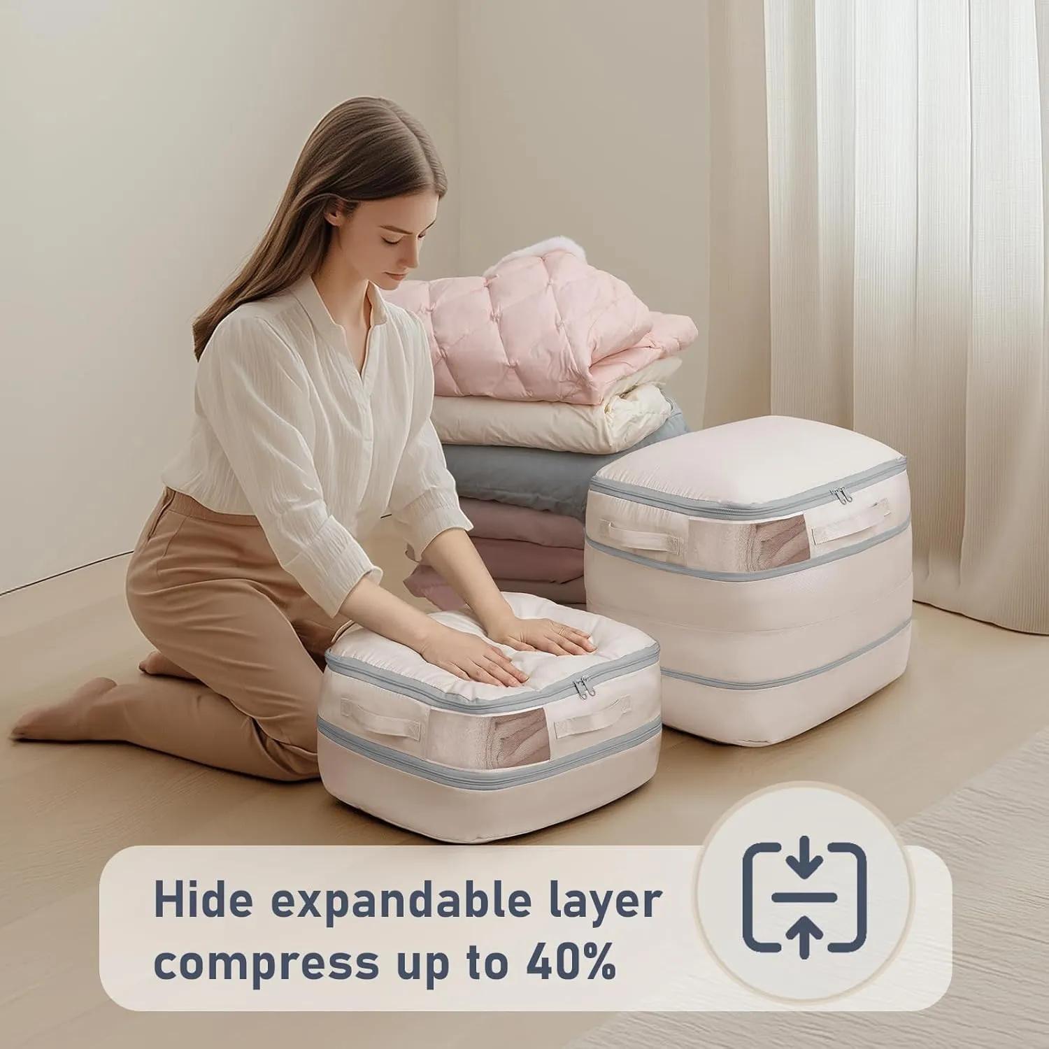 DIMJ Compression Storage Bags 6 Pack - Blanket Storage Bags with Window Zipper, Ultra Space Saving Self Compression Organizer for Puffer Jacket, Bedding, Lightweight Comforter Duvet, Sweater