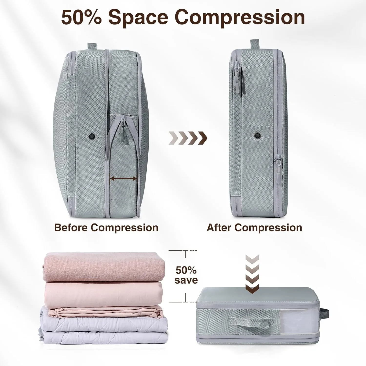 DIMJ Compression Storage Bags 8 Pack, 19L Clothes Storage Organizer for Blanket, Sweater, Closet, Sheet Storage Organizer Compression Packing Cubes for Sheet Bedding Toys Storage with Zipper(Gray)