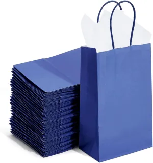 DjinnGlory 100 Pack Small Navy Paper Gift Bags with Handles (Nautic Blue) 9x5.5x3.15 Inch for Boutiques, Weddings, Graduations, Men's Birthdays, Kid's Party Favors