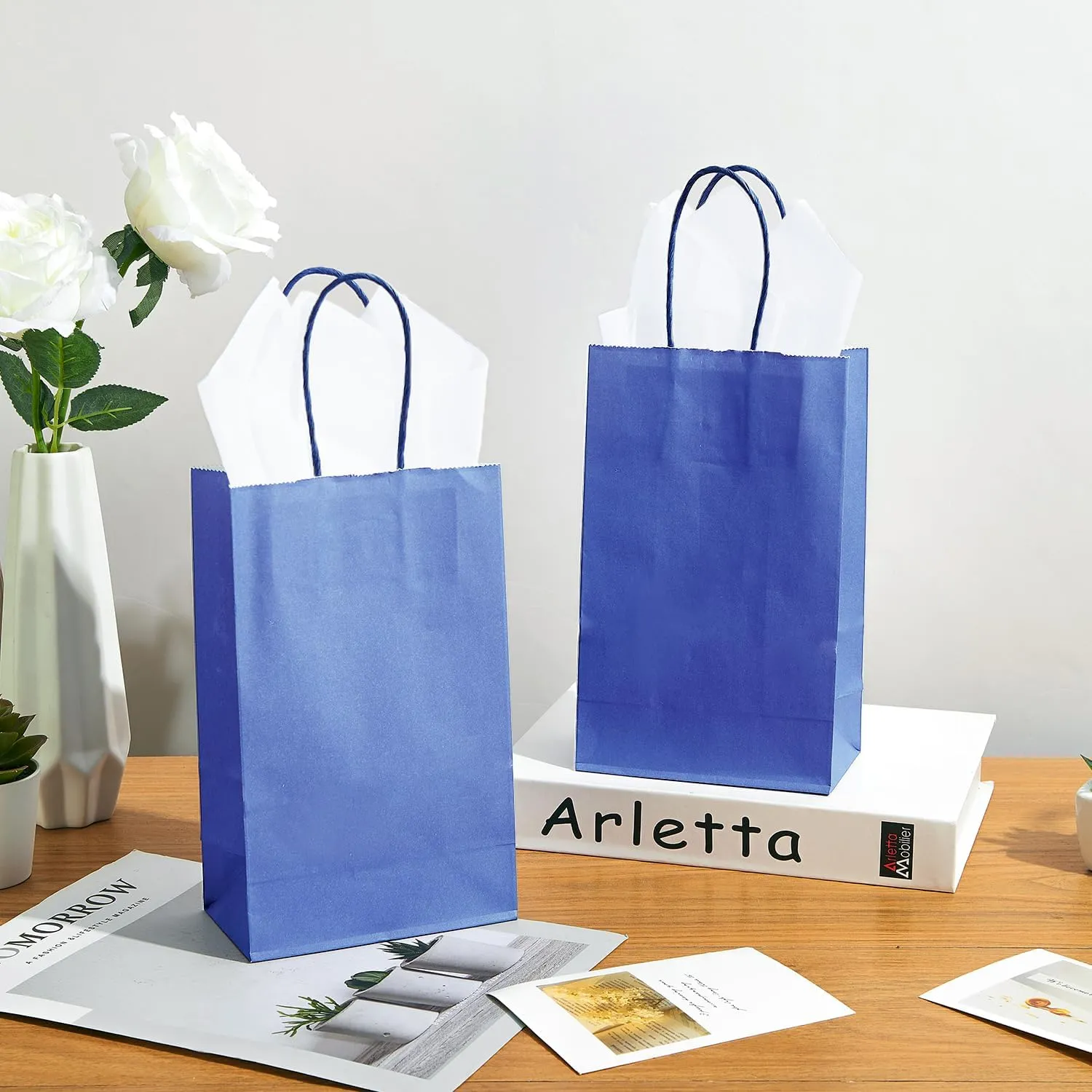 DjinnGlory 100 Pack Small Navy Paper Gift Bags with Handles (Nautic Blue) 9x5.5x3.15 Inch for Boutiques, Weddings, Graduations, Men's Birthdays, Kid's Party Favors