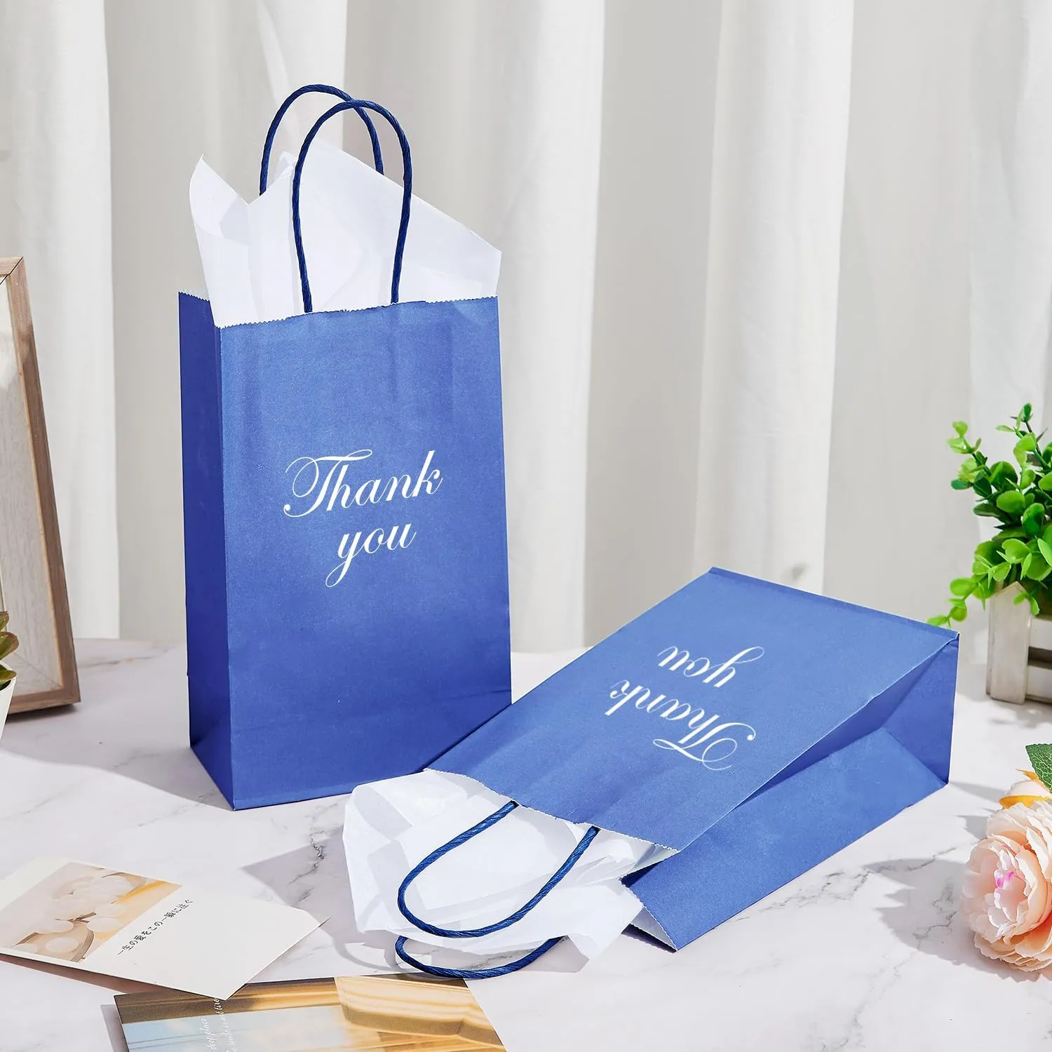 DjinnGlory 100 Pack Small Navy Paper Gift Bags with Handles (Nautic Blue) 9x5.5x3.15 Inch for Boutiques, Weddings, Graduations, Men's Birthdays, Kid's Party Favors