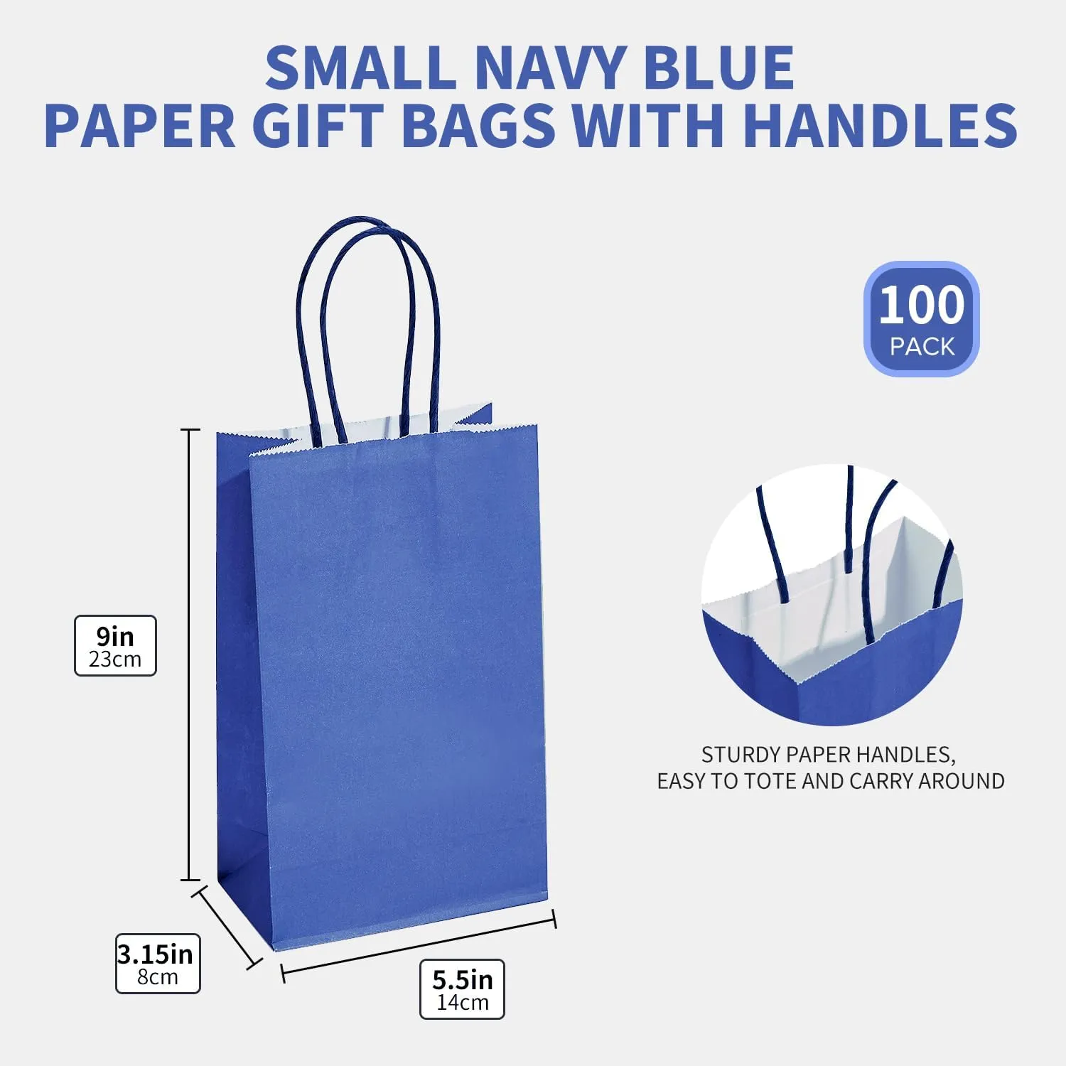 DjinnGlory 100 Pack Small Navy Paper Gift Bags with Handles (Nautic Blue) 9x5.5x3.15 Inch for Boutiques, Weddings, Graduations, Men's Birthdays, Kid's Party Favors