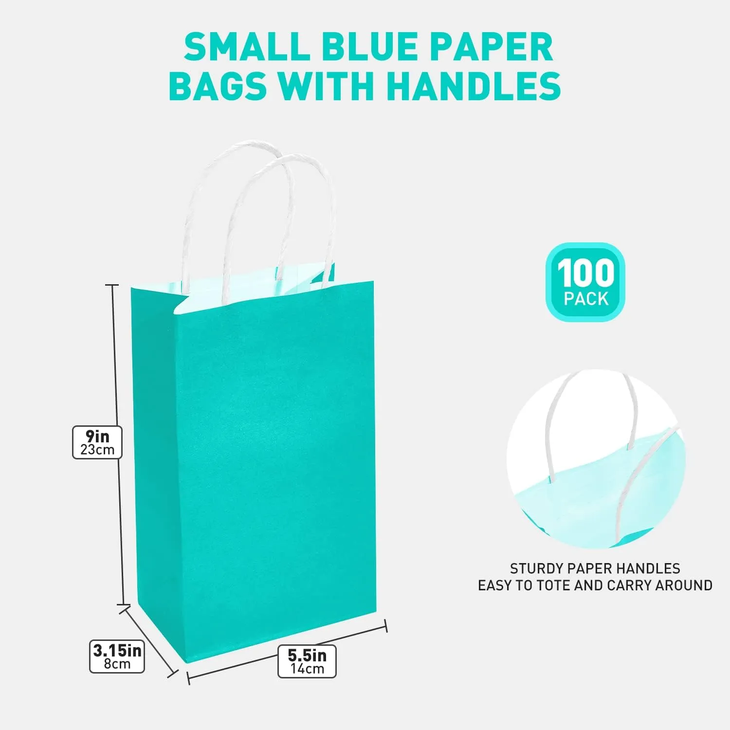 DjinnGlory 100 Pack Small Size Teal Blue Paper Gift Bags with Handles Bulk 9x5.5x3.15 Inch for Holiday Birthday Wedding Baby Shower Party Favors, Business Merchandise Shopping Bags