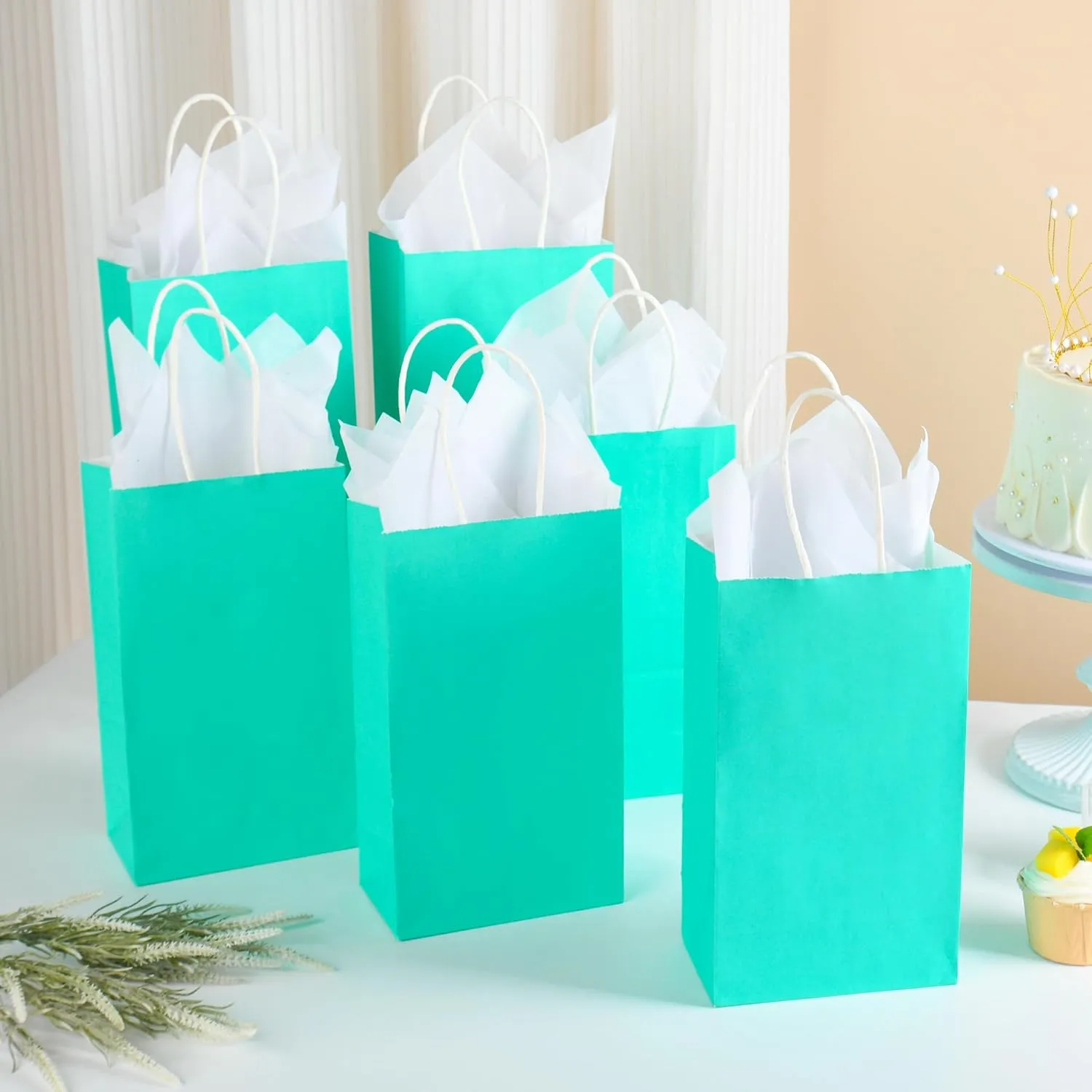 DjinnGlory 100 Pack Small Size Teal Blue Paper Gift Bags with Handles Bulk 9x5.5x3.15 Inch for Holiday Birthday Wedding Baby Shower Party Favors, Business Merchandise Shopping Bags
