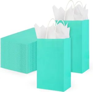 DjinnGlory 100 Pack Small Size Teal Blue Paper Gift Bags with Handles Bulk 9x5.5x3.15 Inch for Holiday Birthday Wedding Baby Shower Party Favors, Business Merchandise Shopping Bags