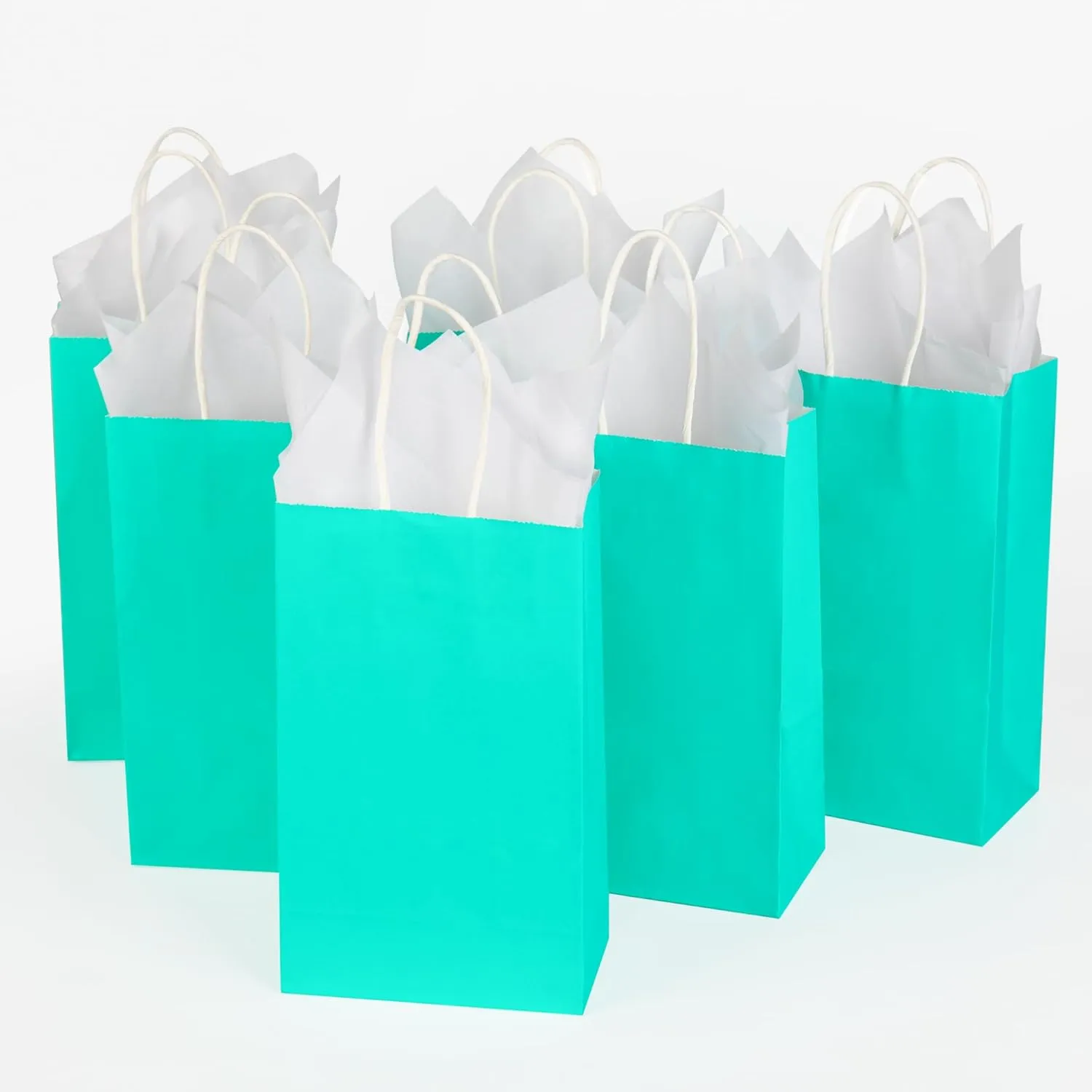 DjinnGlory 100 Pack Small Size Teal Blue Paper Gift Bags with Handles Bulk 9x5.5x3.15 Inch for Holiday Birthday Wedding Baby Shower Party Favors, Business Merchandise Shopping Bags