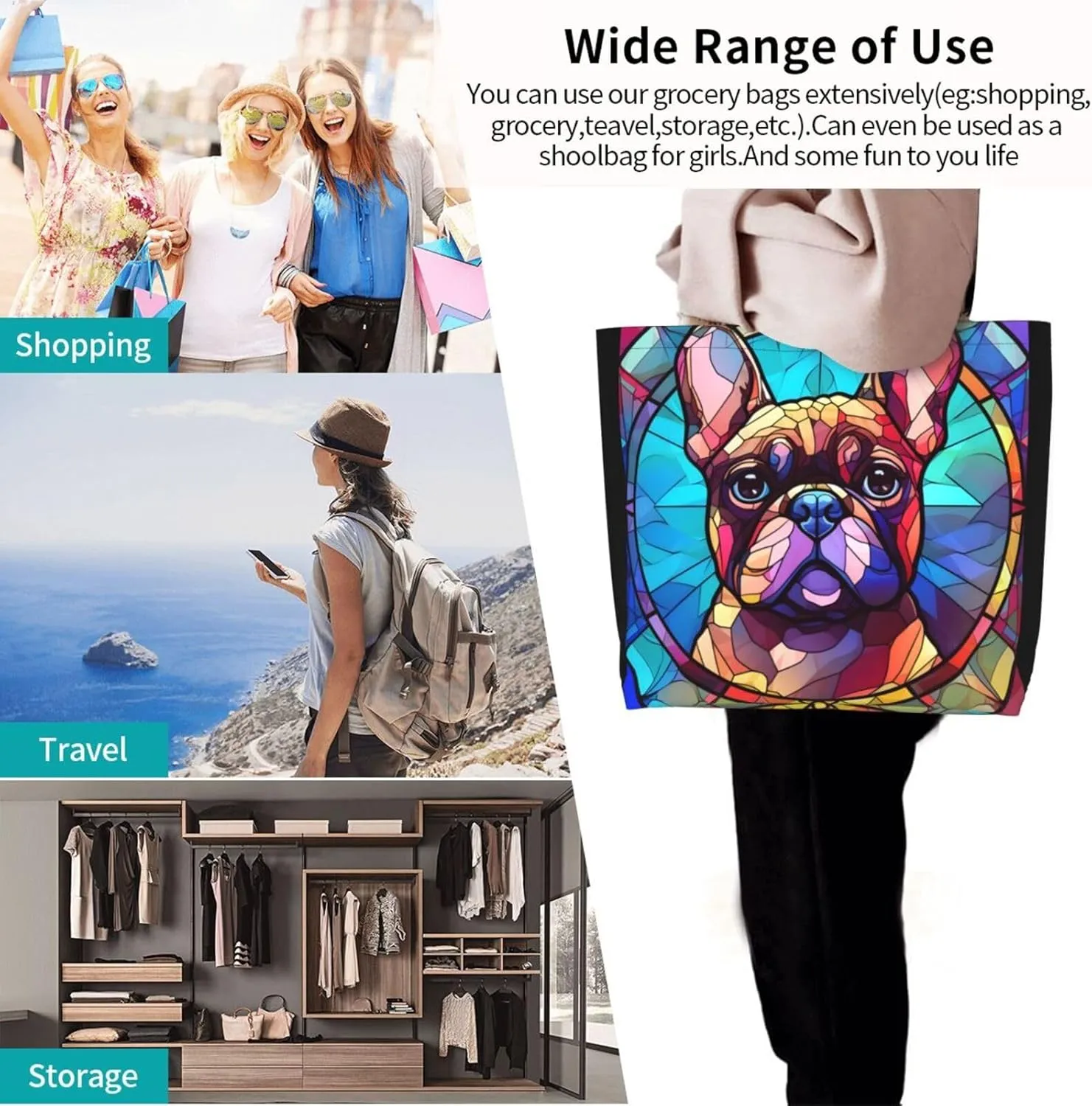 Dog Breed Glass Art Women Shoulder Handbags Reusable Large Capacity Casual Tote Bag