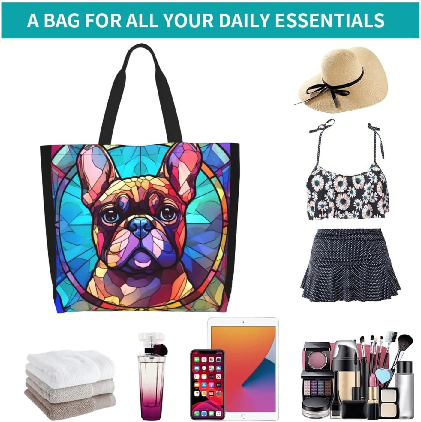 Dog Breed Glass Art Women Shoulder Handbags Reusable Large Capacity Casual Tote Bag