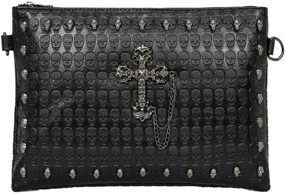 Downupdown Men Women Clutch Skull Purses Gothic Handbags Punk Evening Bag Skull Print Leather Wallet Cross Chain Clutches