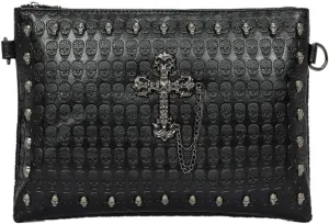 Downupdown Men Women Clutch Skull Purses Gothic Handbags Punk Evening Bag Skull Print Leather Wallet Cross Chain Clutches