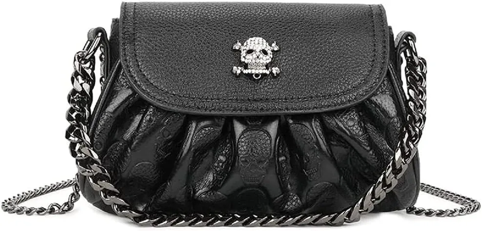 Downupdown Skull Handbags Purse Women Satchel Crossbody Bag Goth Chain Shoulder Bag Small Tote Hobo Bags Flap Zip Phone Bag
