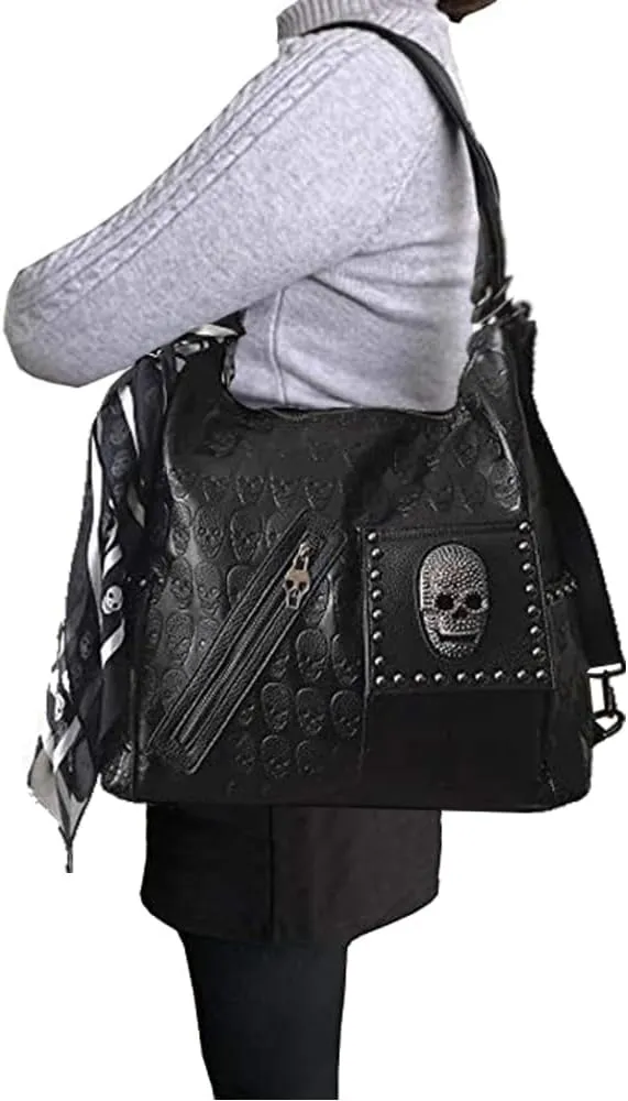 Downupdown Women Handbags Purse Shoulder Bags Skull Print Leather Hobo Bag Black Gothic Bag Ladies Satchel with Handkerchief