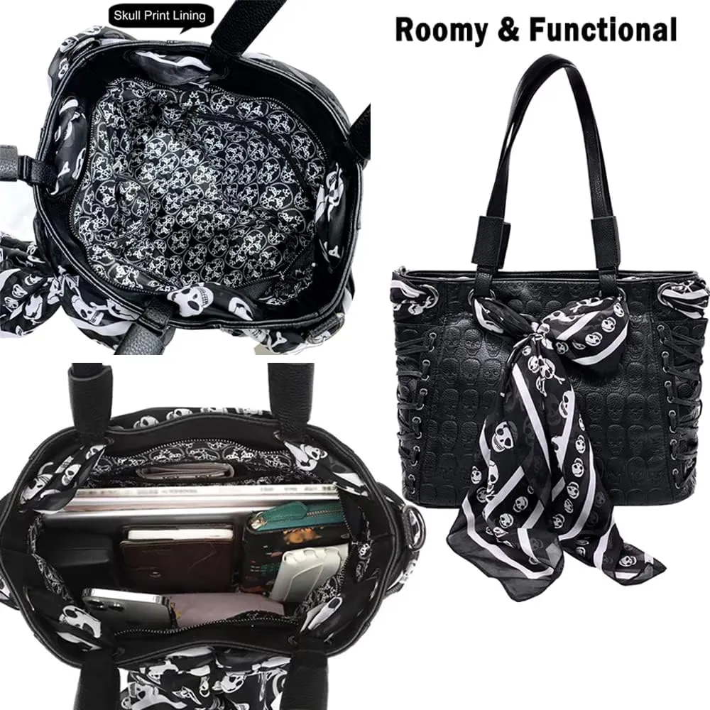 Downupdown Women Handbags Purse Shoulder Bags Skull Print Leather Hobo Bag Black Gothic Bag Ladies Satchel with Handkerchief