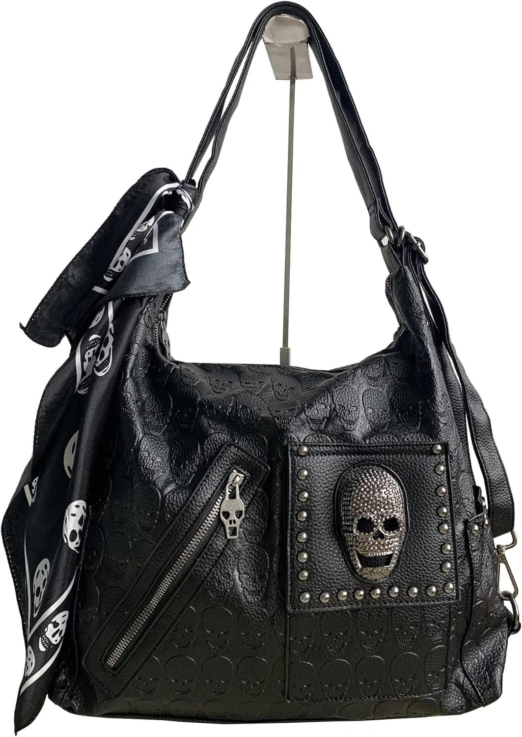 Downupdown Women Handbags Purse Shoulder Bags Skull Print Leather Hobo Bag Black Gothic Bag Ladies Satchel with Handkerchief