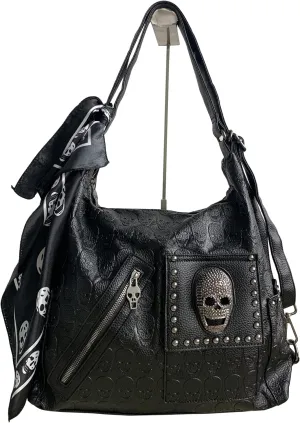 Downupdown Women Handbags Purse Shoulder Bags Skull Print Leather Hobo Bag Black Gothic Bag Ladies Satchel with Handkerchief