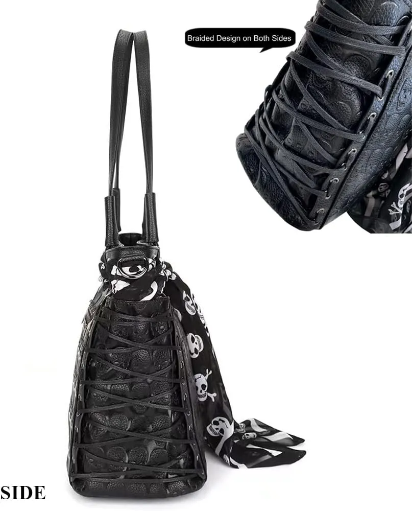 Downupdown Women Handbags Purse Shoulder Bags Skull Print Leather Hobo Bag Black Gothic Bag Ladies Satchel with Handkerchief