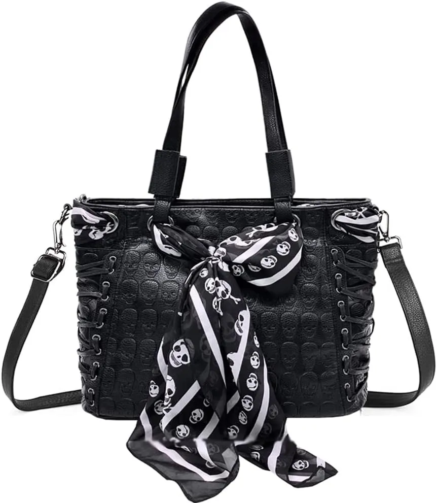 Downupdown Women Handbags Purse Shoulder Bags Skull Print Leather Hobo Bag Black Gothic Bag Ladies Satchel with Handkerchief
