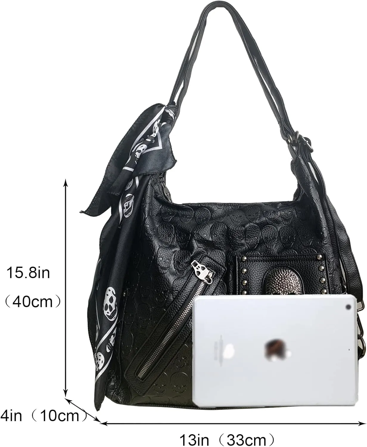 Downupdown Women Handbags Purse Shoulder Bags Skull Print Leather Hobo Bag Black Gothic Bag Ladies Satchel with Handkerchief