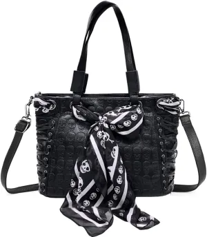 Downupdown Women Handbags Purse Shoulder Bags Skull Print Leather Hobo Bag Black Gothic Bag Ladies Satchel with Handkerchief