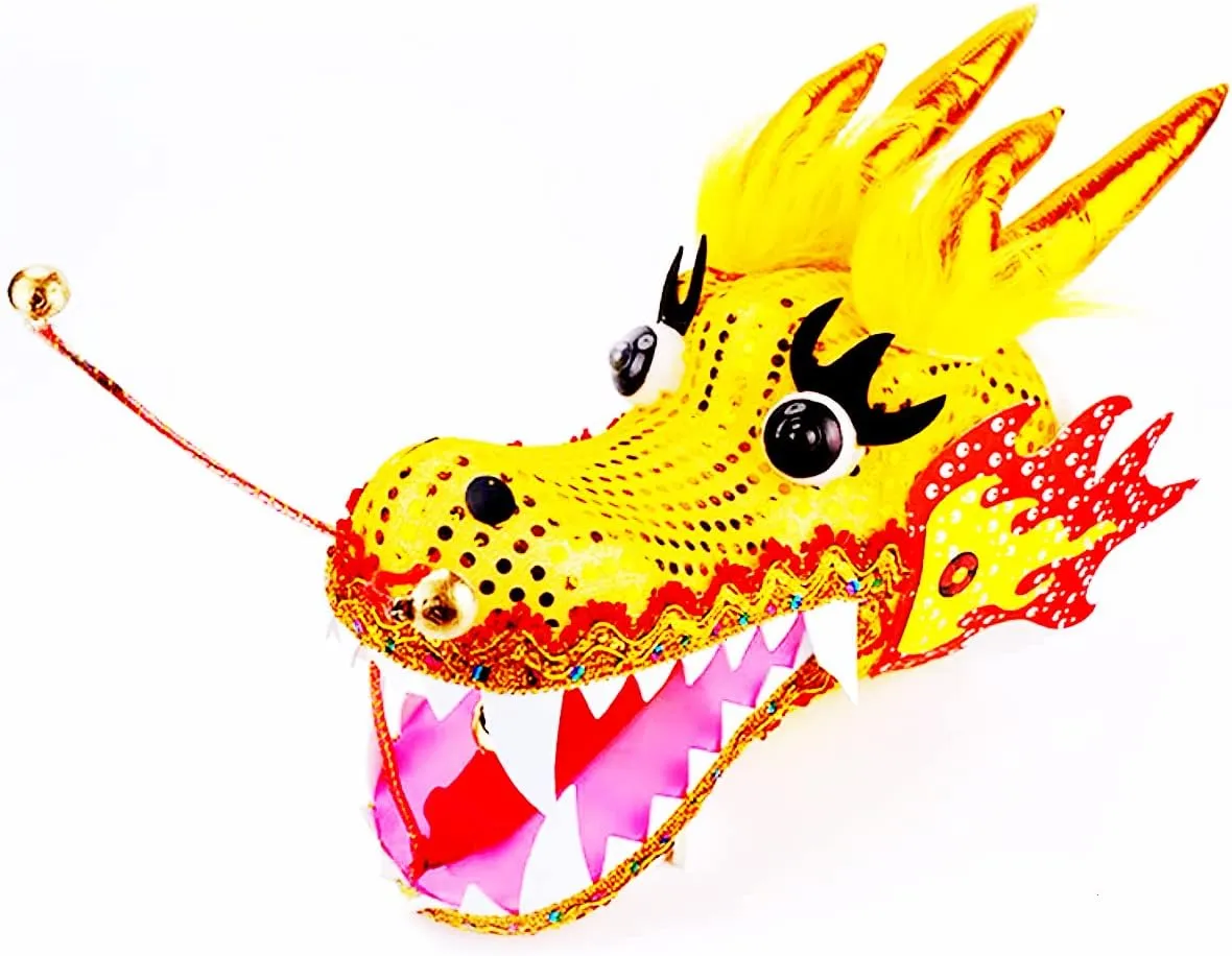 Dragon Dance Ribbon Poi, Outdoor Exercise Dragon & Phoenix Silk-Like Ribbon Streamer Flow Toy Set with Real-Like Dragon Head for Beginner and Pro (Yellow Dragon King, 19.6 ft)
