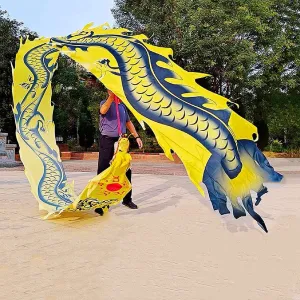 Dragon Dance Ribbon Poi, Outdoor Exercise Dragon & Phoenix Silk-Like Ribbon Streamer Flow Toy Set with Real-Like Dragon Head for Beginner and Pro (Yellow Dragon King, 19.6 ft)