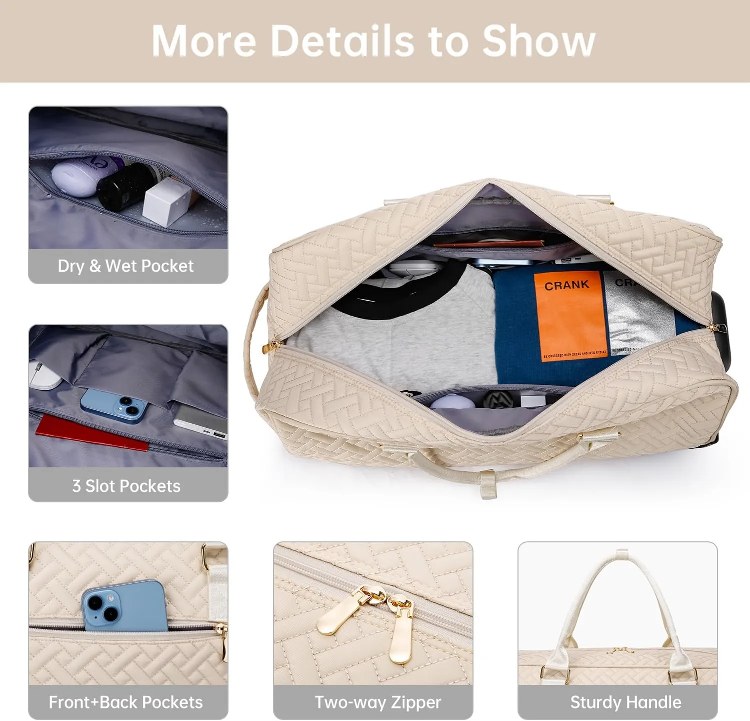 Duffle Bag for Travel, Weekender Bag with Shoe Compartment, Carry On Overnight Bag for Women with Toiletry Bag, Gym Bag with Wet Pocket, Hospital Bags for Labor and Delivery Beige
