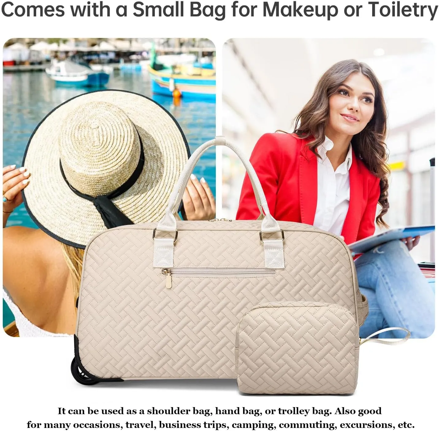 Duffle Bag for Travel, Weekender Bag with Shoe Compartment, Carry On Overnight Bag for Women with Toiletry Bag, Gym Bag with Wet Pocket, Hospital Bags for Labor and Delivery Beige
