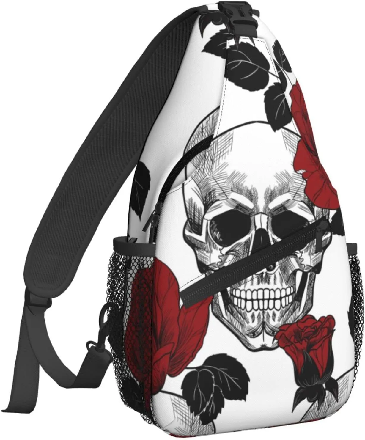 Dujiea Crossbody Backpack For Men Women Sling Bag, Skull And Red Roses Chest Bag Shoulder Bag Lightweight One Strap Backpack Multipurpose Travel Hiking Daypack