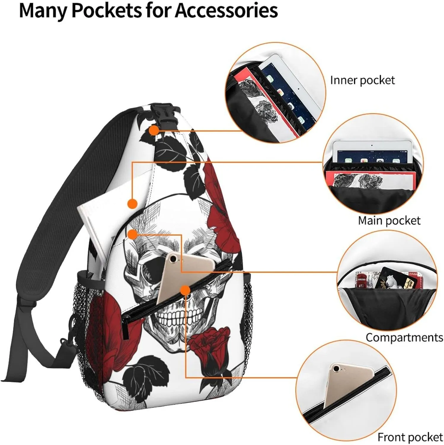 Dujiea Crossbody Backpack For Men Women Sling Bag, Skull And Red Roses Chest Bag Shoulder Bag Lightweight One Strap Backpack Multipurpose Travel Hiking Daypack