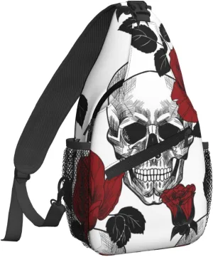 Dujiea Crossbody Backpack For Men Women Sling Bag, Skull And Red Roses Chest Bag Shoulder Bag Lightweight One Strap Backpack Multipurpose Travel Hiking Daypack