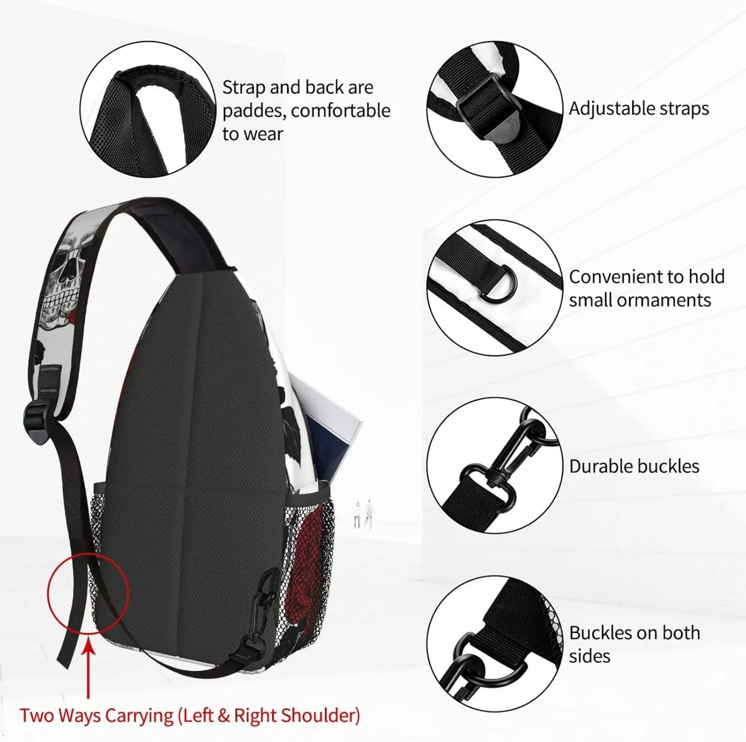 Dujiea Crossbody Backpack For Men Women Sling Bag, Skull And Red Roses Chest Bag Shoulder Bag Lightweight One Strap Backpack Multipurpose Travel Hiking Daypack