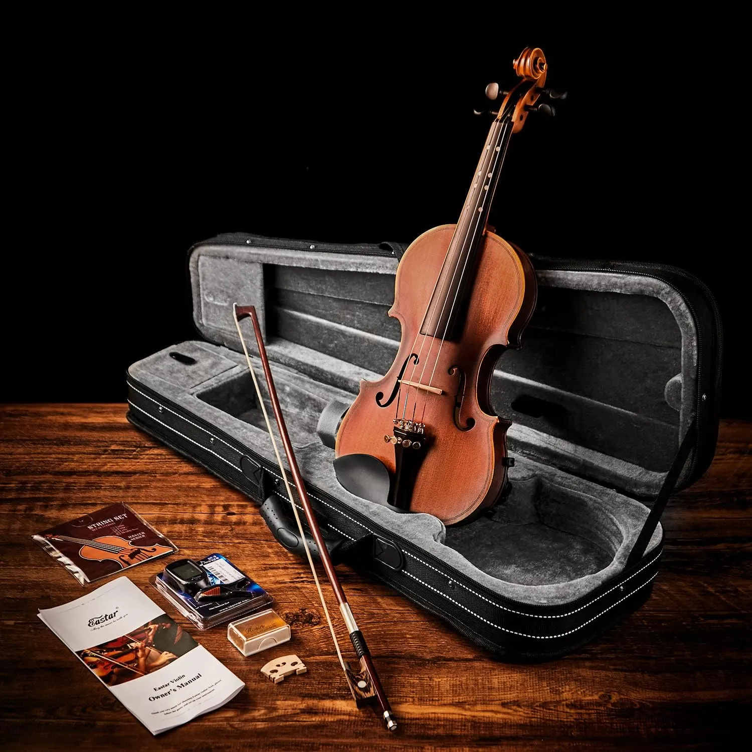 Eastar 4/4 Full Size Violin Set Matte Fiddle for Beginners Adults with Hard Case, Rosin, Shoulder Rest, Bow, Tuner and Extra Strings (Imprinted Finger Guide on Fingerboard)，EVA-3