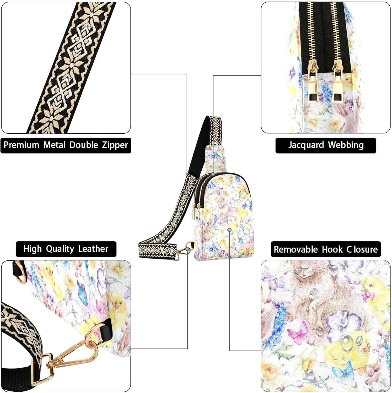 Easter Cute Bunny Trendy Crossbody Bag Fashion Waist Packs Chickens Flowers Butterflies Cross Body Leather Chest Bag for Women Fanny Pack Travel Outdoor Crossbody Phone Bag