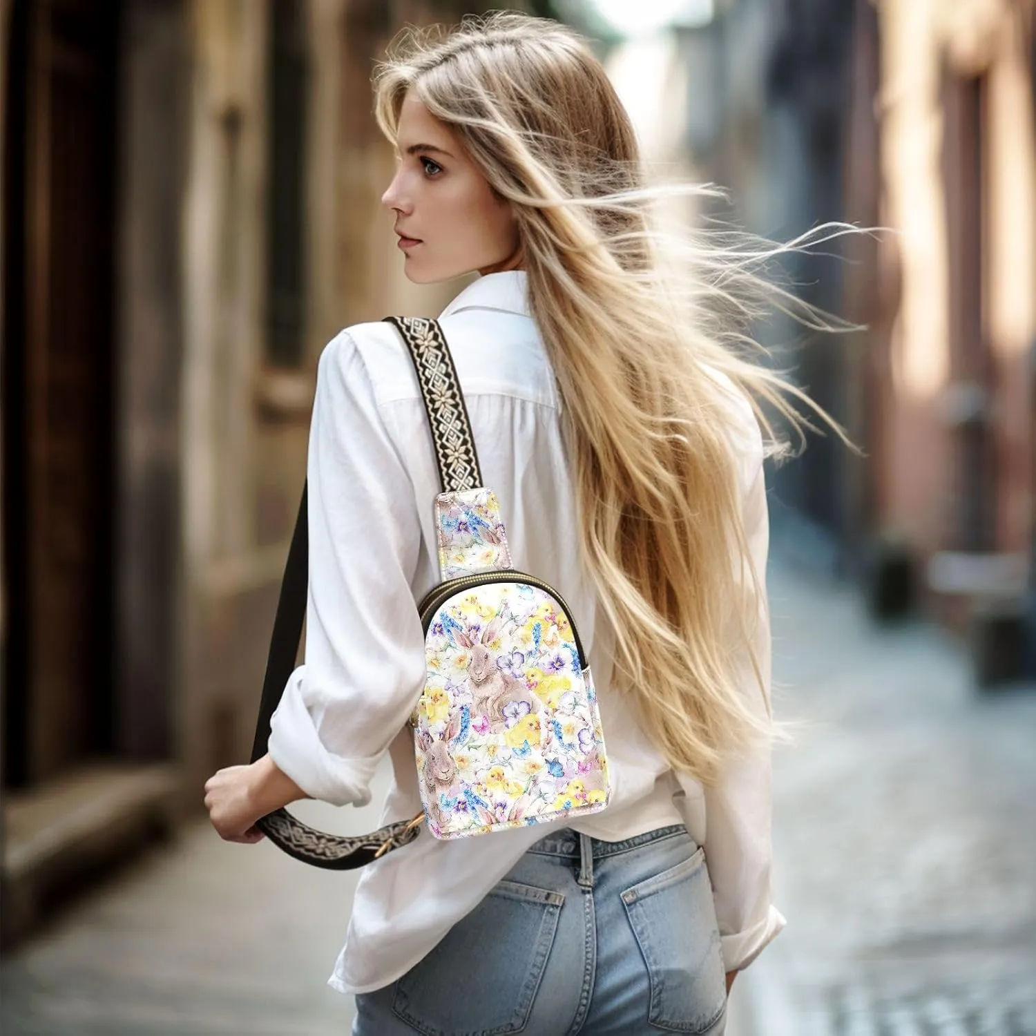Easter Cute Bunny Trendy Crossbody Bag Fashion Waist Packs Chickens Flowers Butterflies Cross Body Leather Chest Bag for Women Fanny Pack Travel Outdoor Crossbody Phone Bag