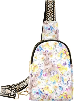 Easter Cute Bunny Trendy Crossbody Bag Fashion Waist Packs Chickens Flowers Butterflies Cross Body Leather Chest Bag for Women Fanny Pack Travel Outdoor Crossbody Phone Bag