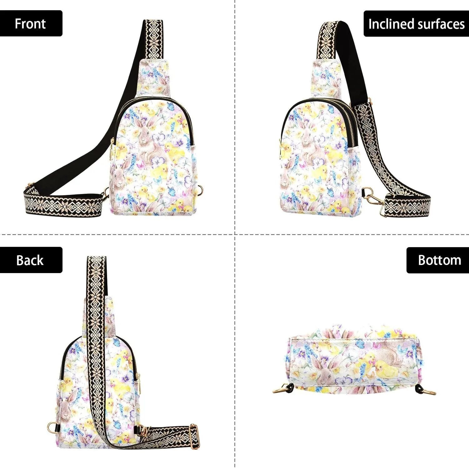 Easter Cute Bunny Trendy Crossbody Bag Fashion Waist Packs Chickens Flowers Butterflies Cross Body Leather Chest Bag for Women Fanny Pack Travel Outdoor Crossbody Phone Bag