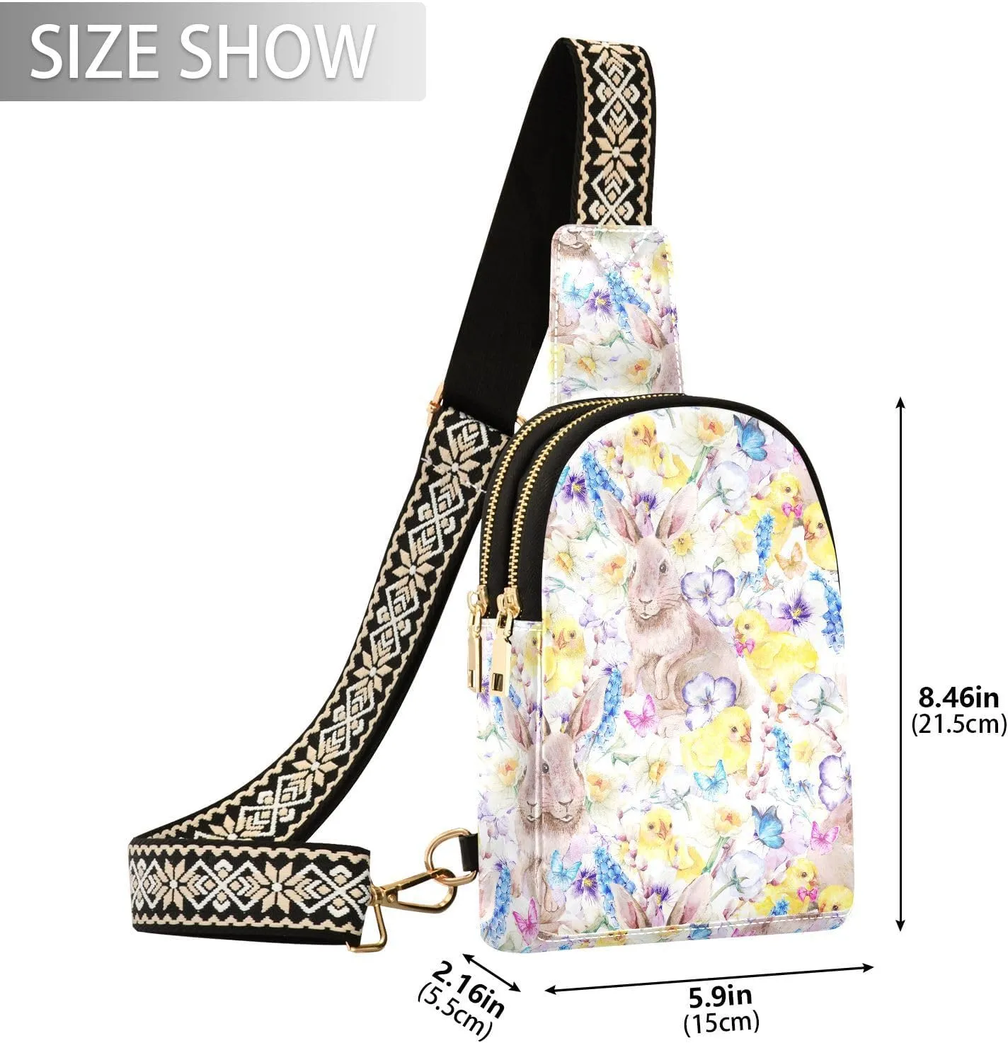 Easter Cute Bunny Trendy Crossbody Bag Fashion Waist Packs Chickens Flowers Butterflies Cross Body Leather Chest Bag for Women Fanny Pack Travel Outdoor Crossbody Phone Bag