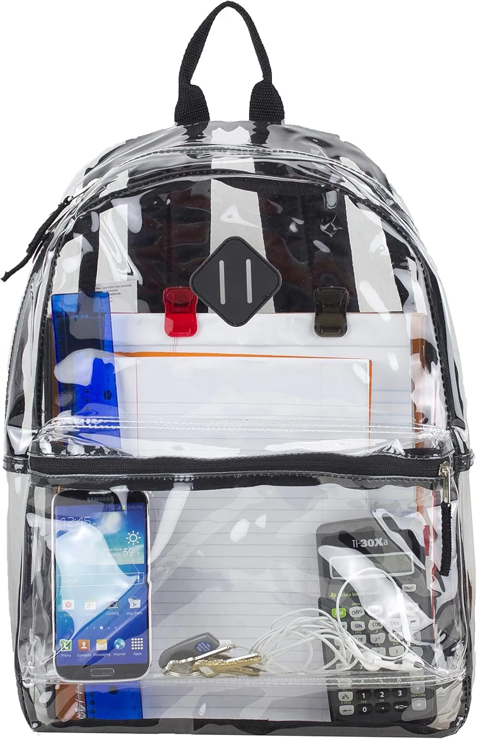 Eastsport Fully Transparent Clear Backpack with Front Pocket, Adjustable Straps and Lash Tab, Black Trim One Size