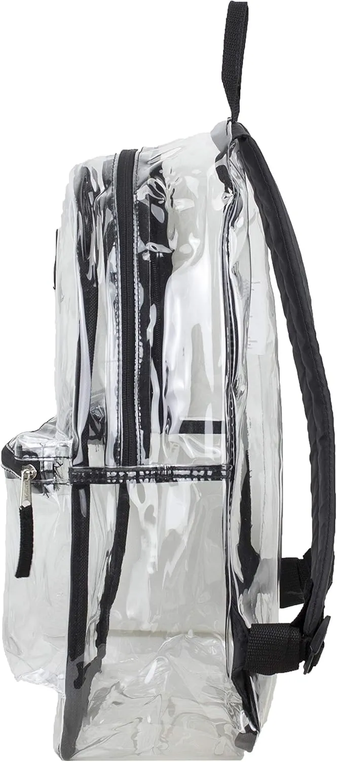 Eastsport Fully Transparent Clear Backpack with Front Pocket, Adjustable Straps and Lash Tab, Black Trim One Size