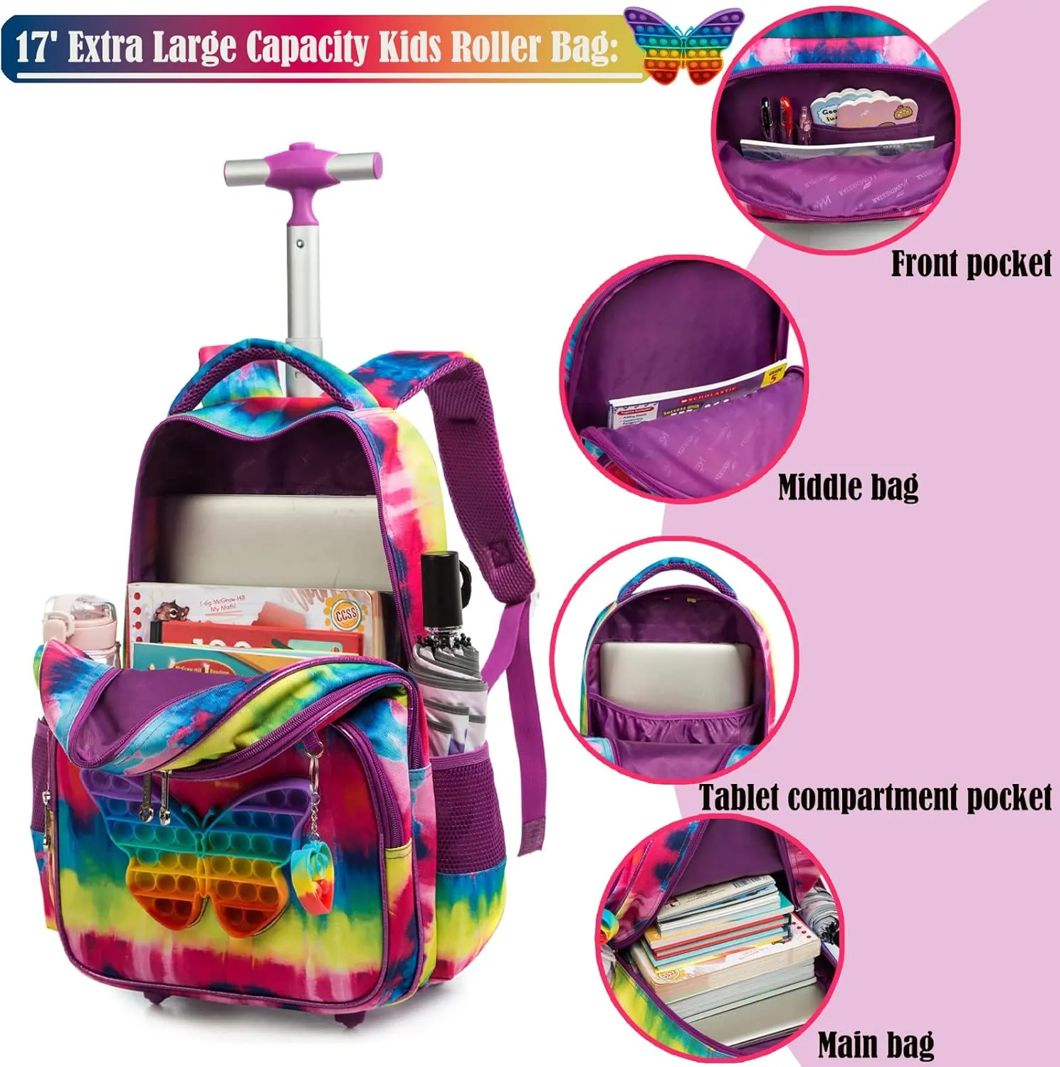 Egchescebo School Kids Rolling Backpack for Girls With Wheels Trolley Wheeled Backpack