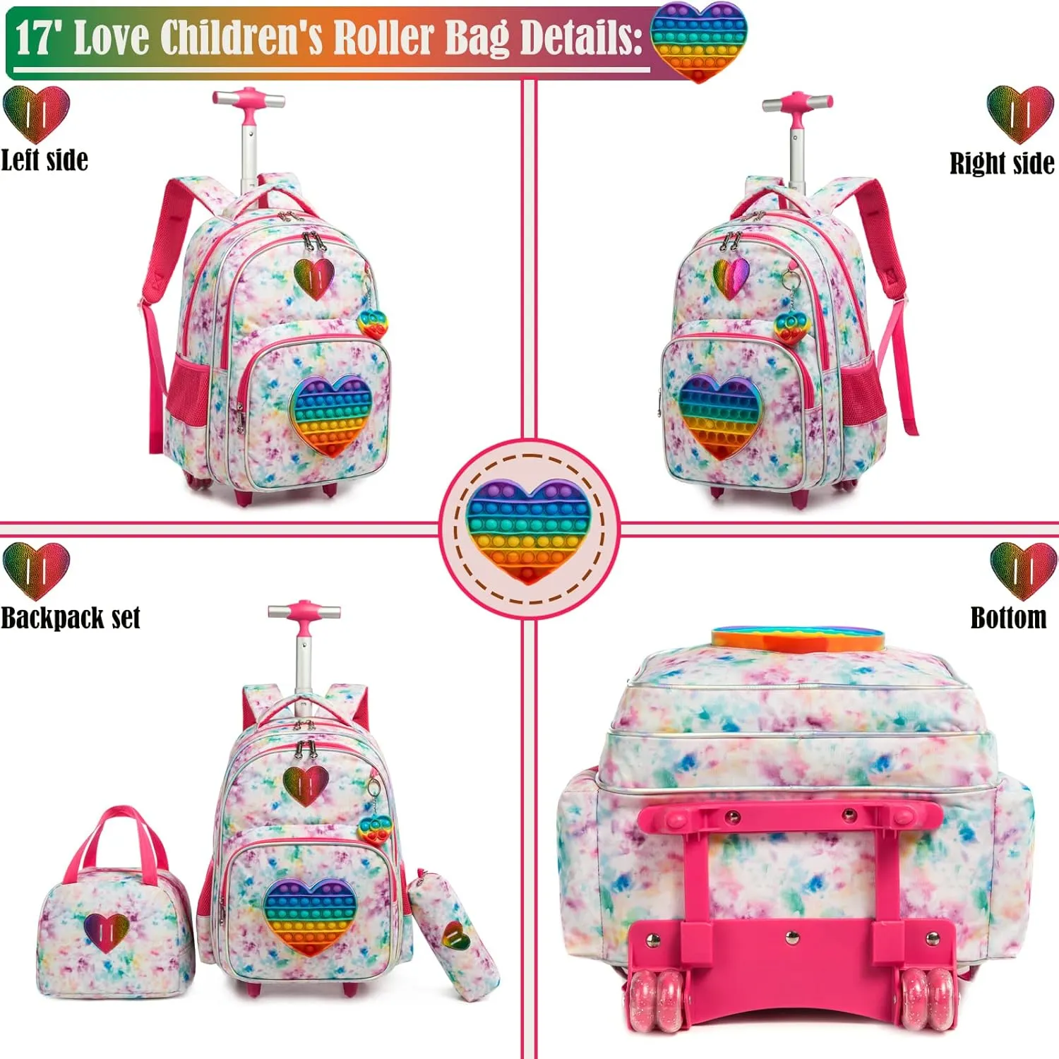 Egchescebo School Kids Rolling Backpack for Girls With Wheels Trolley Wheeled Backpack