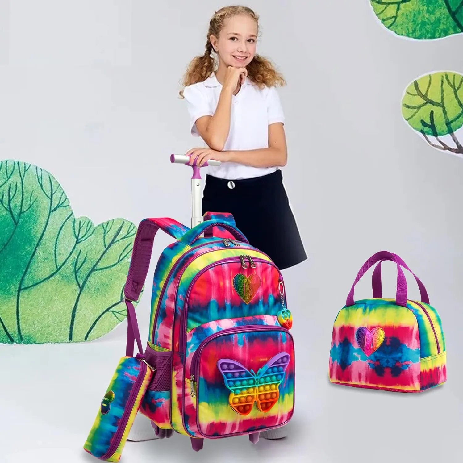 Egchescebo School Kids Rolling Backpack for Girls With Wheels Trolley Wheeled Backpack